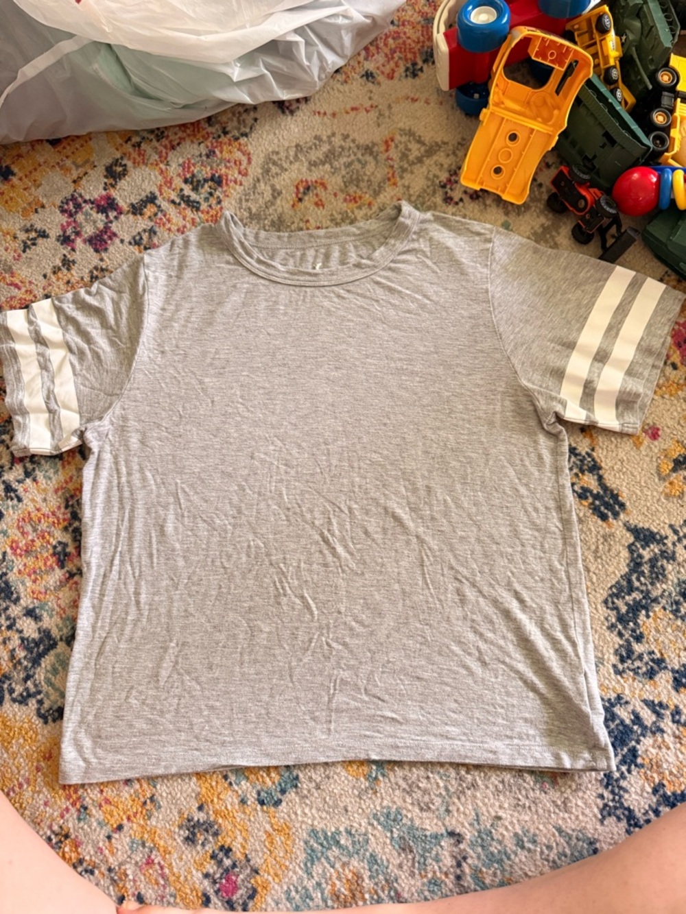 Heather Gray Short Sleeve Tee with Striped Sleeves